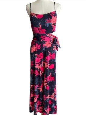 Guess Navy Jumpsuit with Hot Pink Floral Print and Tie Waist Size L